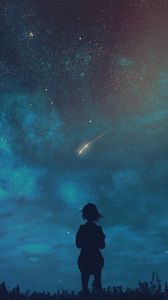 Preview wallpaper silhouette, child, starry sky, night, loneliness