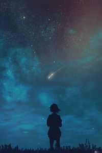 Preview wallpaper silhouette, child, starry sky, night, loneliness