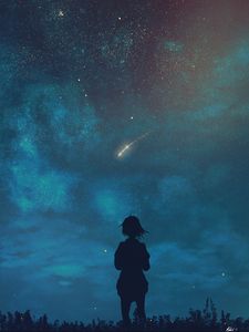 Preview wallpaper silhouette, child, starry sky, night, loneliness