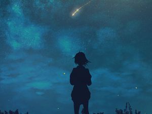 Preview wallpaper silhouette, child, starry sky, night, loneliness