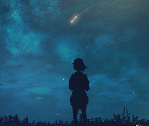 Preview wallpaper silhouette, child, starry sky, night, loneliness