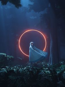 Preview wallpaper silhouette, circle, glow, forest, night, alien