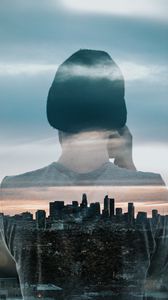 Preview wallpaper silhouette, city, double exposure, man, buildings, architecture