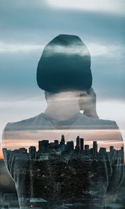 Preview wallpaper silhouette, city, double exposure, man, buildings, architecture