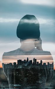 Preview wallpaper silhouette, city, double exposure, man, buildings, architecture