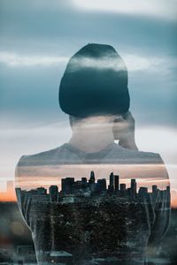 Preview wallpaper silhouette, city, double exposure, man, buildings, architecture