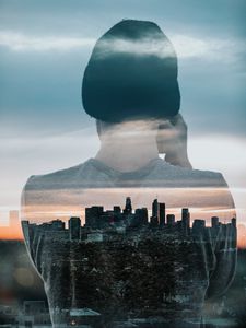 Preview wallpaper silhouette, city, double exposure, man, buildings, architecture