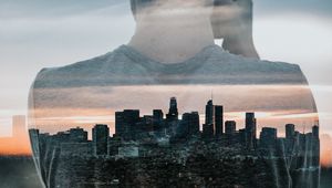 Preview wallpaper silhouette, city, double exposure, man, buildings, architecture