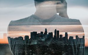 Preview wallpaper silhouette, city, double exposure, man, buildings, architecture