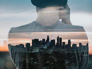 Preview wallpaper silhouette, city, double exposure, man, buildings, architecture