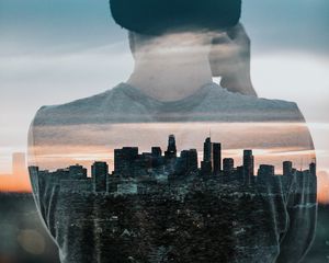 Preview wallpaper silhouette, city, double exposure, man, buildings, architecture