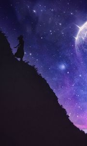 Preview wallpaper silhouette, cliff, night, dark, starry sky, space