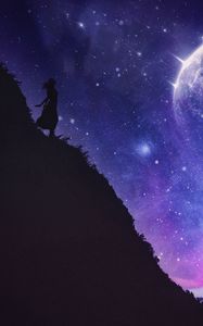 Preview wallpaper silhouette, cliff, night, dark, starry sky, space