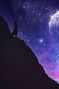 Preview wallpaper silhouette, cliff, night, dark, starry sky, space