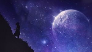 Preview wallpaper silhouette, cliff, night, dark, starry sky, space