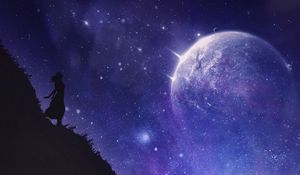 Preview wallpaper silhouette, cliff, night, dark, starry sky, space