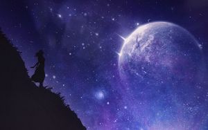 Preview wallpaper silhouette, cliff, night, dark, starry sky, space