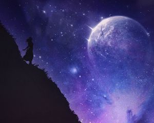 Preview wallpaper silhouette, cliff, night, dark, starry sky, space