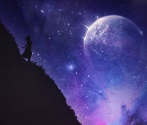 Preview wallpaper silhouette, cliff, night, dark, starry sky, space