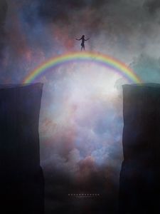Preview wallpaper silhouette, cliff, rainbow, bridge, art