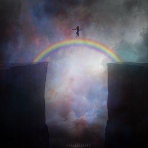 Preview wallpaper silhouette, cliff, rainbow, bridge, art