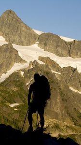 Preview wallpaper silhouette, climber, person, mountains, snow