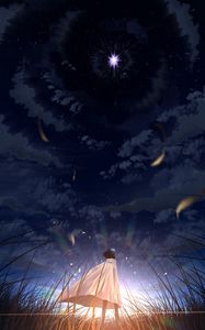 Preview wallpaper silhouette, cloak, alone, field, star, anime, art