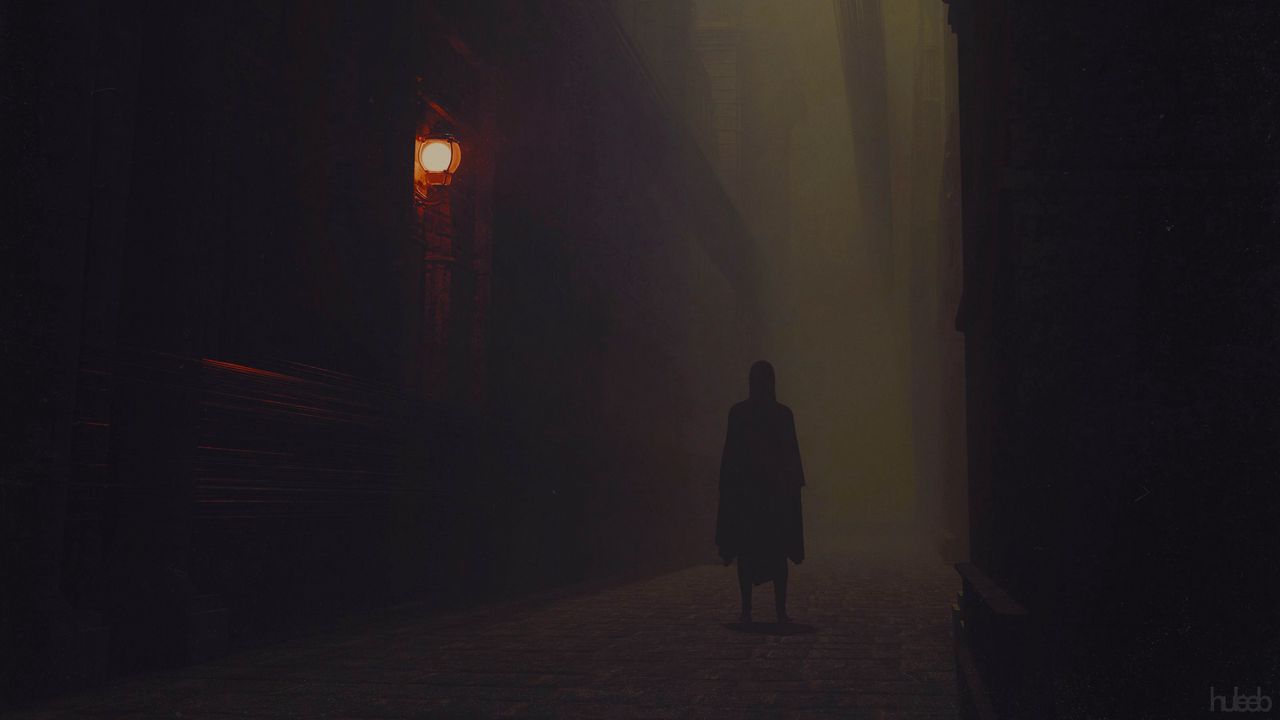 Wallpaper silhouette, cloak, alone, street, fog, dark