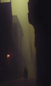 Preview wallpaper silhouette, cloak, alone, street, fog, dark