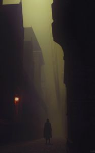 Preview wallpaper silhouette, cloak, alone, street, fog, dark