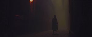 Preview wallpaper silhouette, cloak, alone, street, fog, dark