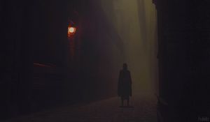Preview wallpaper silhouette, cloak, alone, street, fog, dark