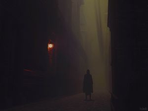 Preview wallpaper silhouette, cloak, alone, street, fog, dark