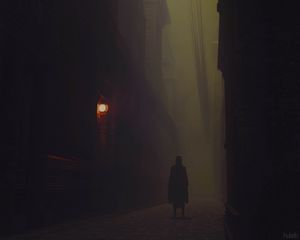Preview wallpaper silhouette, cloak, alone, street, fog, dark