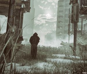 Preview wallpaper silhouette, cloak, apocalypse, ruins