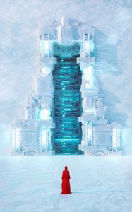 Preview wallpaper silhouette, cloak, red, gate, snow