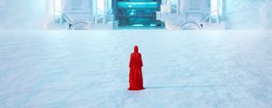 Preview wallpaper silhouette, cloak, red, gate, snow