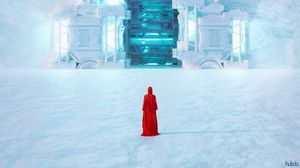 Preview wallpaper silhouette, cloak, red, gate, snow