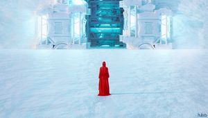 Preview wallpaper silhouette, cloak, red, gate, snow