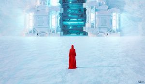 Preview wallpaper silhouette, cloak, red, gate, snow
