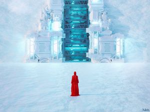 Preview wallpaper silhouette, cloak, red, gate, snow