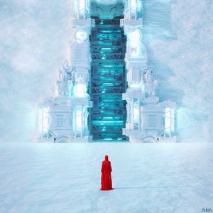 Preview wallpaper silhouette, cloak, red, gate, snow