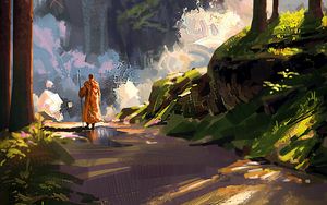 Preview wallpaper silhouette, cloak, staff, path, forest, art