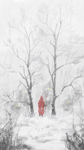 Preview wallpaper silhouette, cloak, staff, forest, snow, winter, art