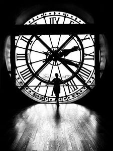Preview wallpaper silhouette, clock, light, black and white, black