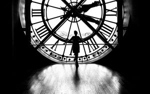 Preview wallpaper silhouette, clock, light, black and white, black