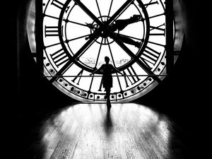 Preview wallpaper silhouette, clock, light, black and white, black