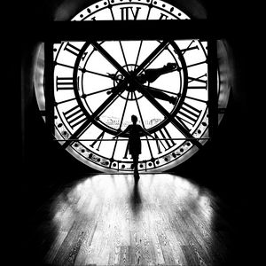 Preview wallpaper silhouette, clock, light, black and white, black