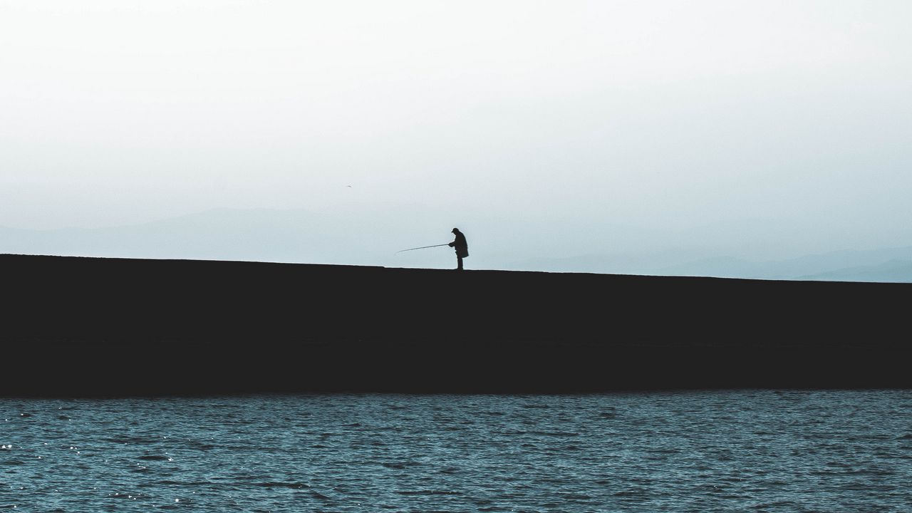 Wallpaper silhouette, coast, dark, sea, fisherman