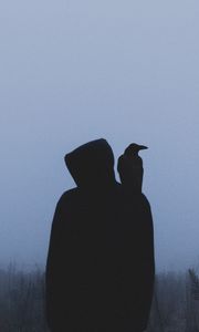 Preview wallpaper silhouette, crow, hood, loneliness, fog